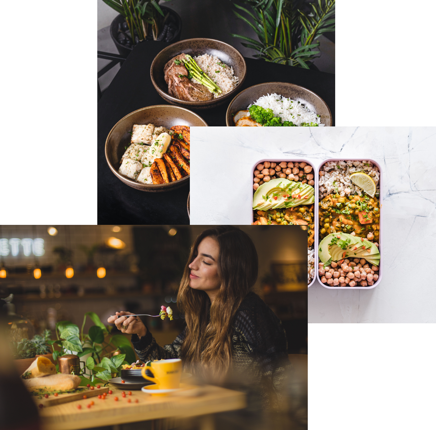 Woman eating healthy food, meals in storage container, and a food bowls on a table